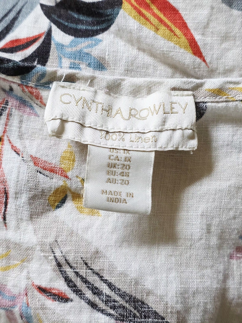 100% Linen Cynthia Rowley Floral Top Womens 1X High Low Tunic Summer Resort Vaca - Picture 3 of 3